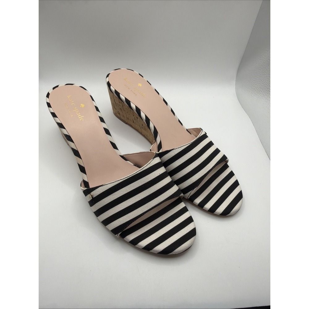 Kate Spade Wedge Sandals Sz 11B Black White Stripe Cork Heel
